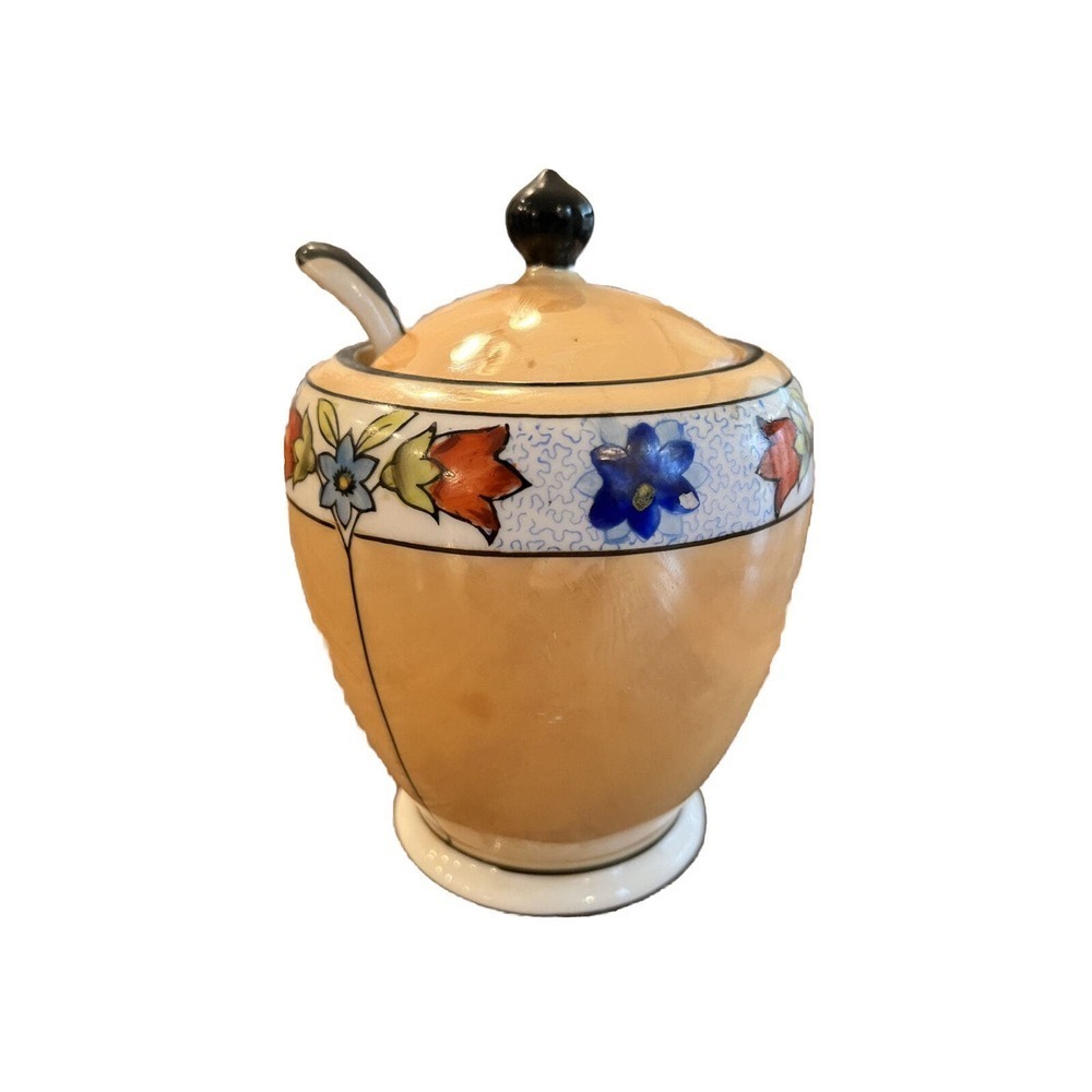 Vintage Noritake Teapot Sugar Bowl Raised Knob Spoon Lusterware Floral
